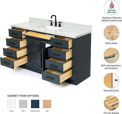 Isabella 60 Inch Bathroom Vanity Single Sink — Midnight Blue Bathroom Vanity with Sink, 1.5" Edge Italian Carrara Marble Top, Solid Wood, 2 Soft-Close Doors, 8 Dovetail Drawers + Tilt Drawer