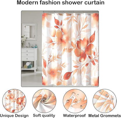 Floral Shower Curtain, Orange Watercolor Flower Shower Curtains for Bathroom, Modern Minimalist Waterproof Fabric Bath Decoration 72x72 Inch