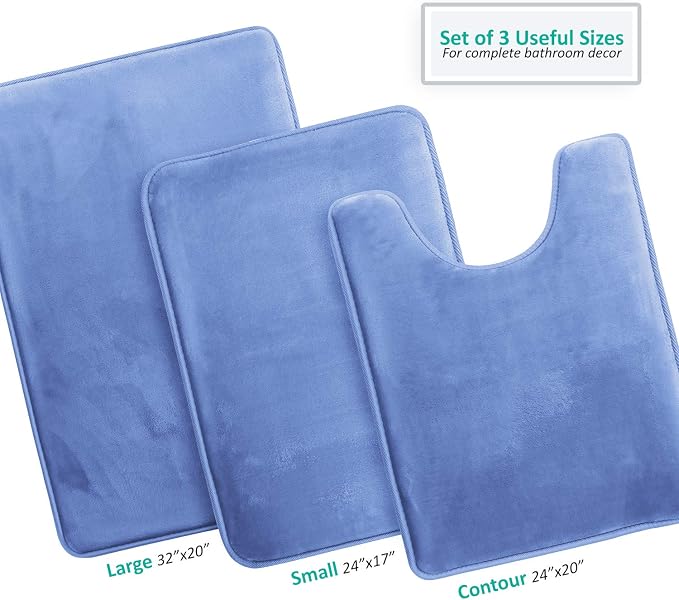 Clara Clark 3 Piece Bathroom Rugs Bath Mat Set, Velvet Memory Foam Bath Mats for Bathroom - Non-Slip, PVC Backing Bath Rugs, Washable - Dries Quickly, Blue