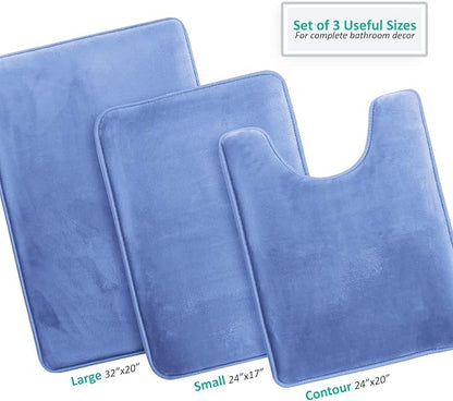 Clara Clark 3 Piece Bathroom Rugs Bath Mat Set, Velvet Memory Foam Bath Mats for Bathroom - Non-Slip, PVC Backing Bath Rugs, Washable - Dries Quickly, Blue