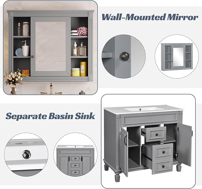 36" Bathroom Vanity with Top Sink, Mirror Cabinet, Modern Bathroom Storage Cabinet with 2 Soft Closing Doors and 2 Drawers, Single Sink Bathroom Vanity