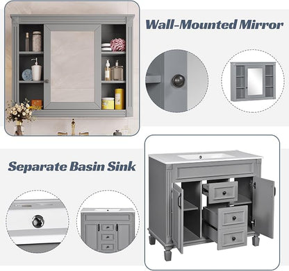 36" Bathroom Vanity with Top Sink, Mirror Cabinet, Modern Bathroom Storage Cabinet with 2 Soft Closing Doors and 2 Drawers, Single Sink Bathroom Vanity