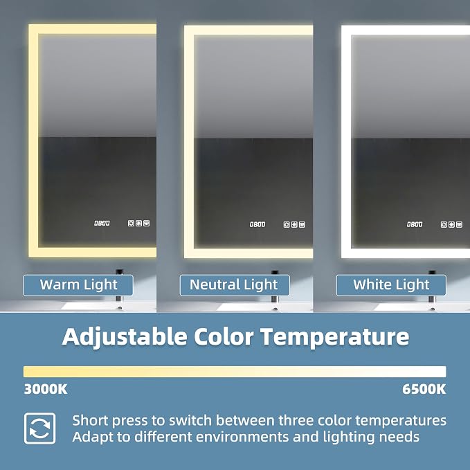 LED Medicine Cabinet 24x30 Anti-Fog Mirror Dimmable Recessed Mount | 3 Color Dimmable LED. Time Temp Display. Anti-Fog IP44. 2 Outlets+2 USB. Plug-in/Hardwired. Recessed/Wall Mount. Left Hinge