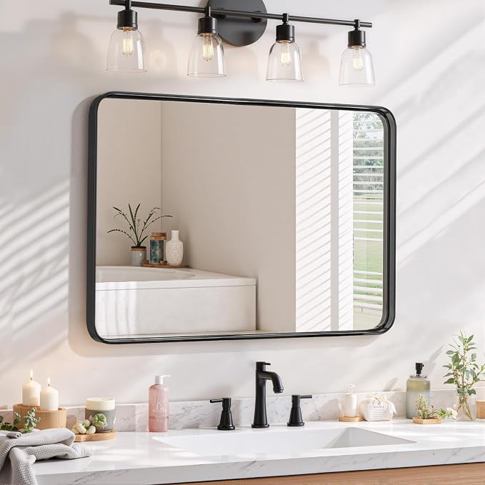 Bathroom Mirror 30x22 Inch Black Metal Frame Rectangle Vanity Mirror | Modern Wall Mounted Anti-Rust Mirror with Rounded Corners for Farmhouse, Restroom, Entryway, Horizontal or Vertical Hanging