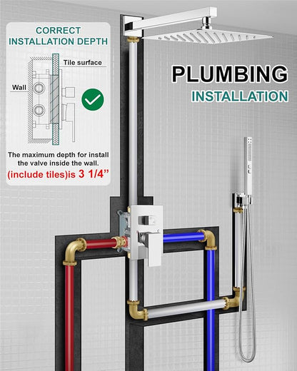 Shower Faucet Set Rainfall Shower System with Square Showerhead and Handle Set Fixture with 2 in 1 Function Handheld Sprayer Wall Mounted Trim Repair Kit Rough-in Valve 12 Inch Polish Chrome