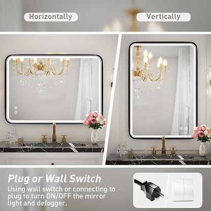 20x28 Inch LED Lighted Bathroom Mirror,Black Frame | ETL Listed,Anti-Fog,3000K/4500K/6000K Dimmable,Horizontal & Vertical,Wall Mounted,Memory Function,Ideal for Bathroom,Vanity