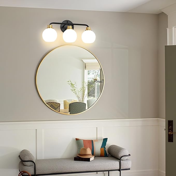 3 Light Bathroom Vanity Light, Black and Gold Bathroom Light Fixtures | with Milk Glass Shade Modern Wall Sconces Lighting Bath Wall Lights Lamp for Mirror Kitchen Living Room Bedroom Hallway