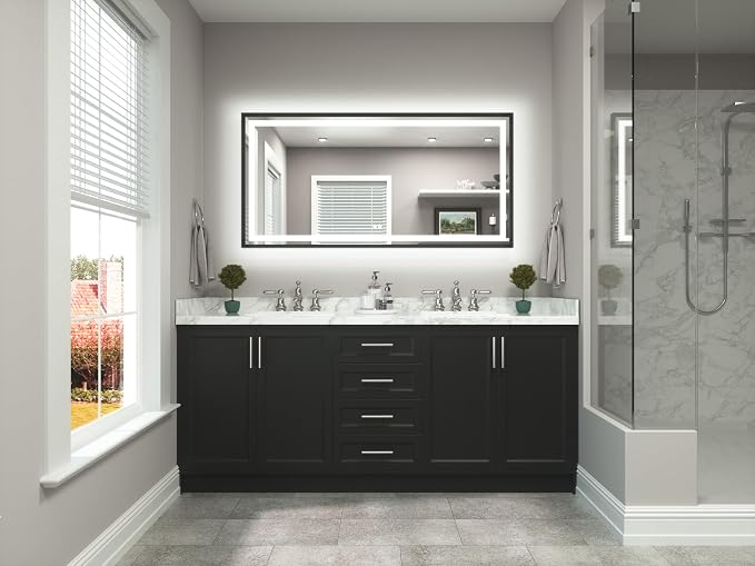 60 x 30 Large Bathroom Mirror Brushed Black Metal Frame Frontlit & Backlit Vanity Mirror 3 Colors White/Warm/Natural Stepless Dimmable Anti-Fog Bathroom Mirrors for Vanity Wall-Mounted