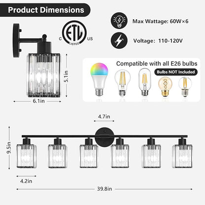6 Light Bathroom Light Fixtures, Modern Crystal Vanity Lights over Mirror | Metal Frame, Bathroom Light with Square Crystal Shade, ETL Certified, E26 Ceramic Socket, Bulbs Not Included