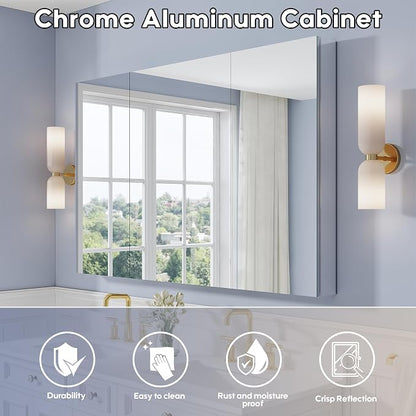 56" x 36" Bathroom Medicine Cabinet with Mirror, Anodized Chrome Aluminum Frame, Surface Mount or Recessed Medicine Cabinet with Mirror, Bathroom Mirror with Storage, Three Doors