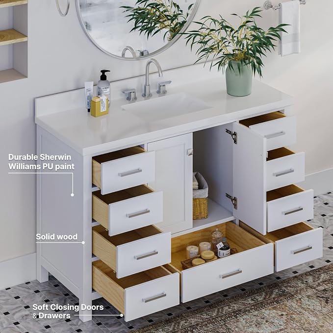 ARIEL Cambridge 54-inch Bathroom Vanity Base Cabinet,Solid Wood, 2 Soft Closing Doors, 9 Dovetail Drawers, White