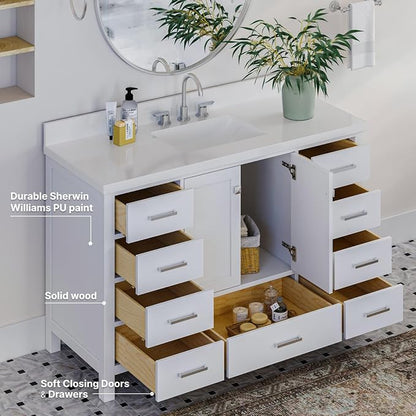 ARIEL Cambridge 54-inch Bathroom Vanity Base Cabinet,Solid Wood, 2 Soft Closing Doors, 9 Dovetail Drawers, White