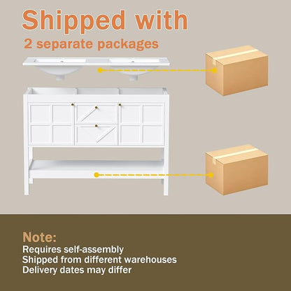 Bathroom Vanity with Double Sink Set, 48 Inch Pedestal Sink Storage Cabinet with 2 Drawers & 2 Doors, Mid-Century Modern Bathroom Vanity with Open Bottom Shelf, White