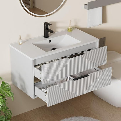 LUCKWIND 36" Floating Bathroom Vanity with Sink Combo, Wall Mounted Floating Cabinet with 2 Large Soft-Close Drawers & Water Saving Faucet, Geometric Textured Design in White