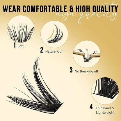 QUEWEL Lash Clusters 320Pcs 50D C Curl Lash Cluster Eyelash Extensions | Cluster Lashes Mix12-18mm Individual Eyelashes Clusters Wispy Lash Clusters Thin Band Soft to Use at Home(50D C Mix12-18)