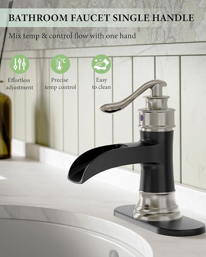 Bathroom Sink Faucet Waterfall Single Handle Matte Black and Brushed Nickel | Lavatory Vanity Basin Mixer Tap One Hole Lever Deck Mount Commercial Supply Line by Homevacious