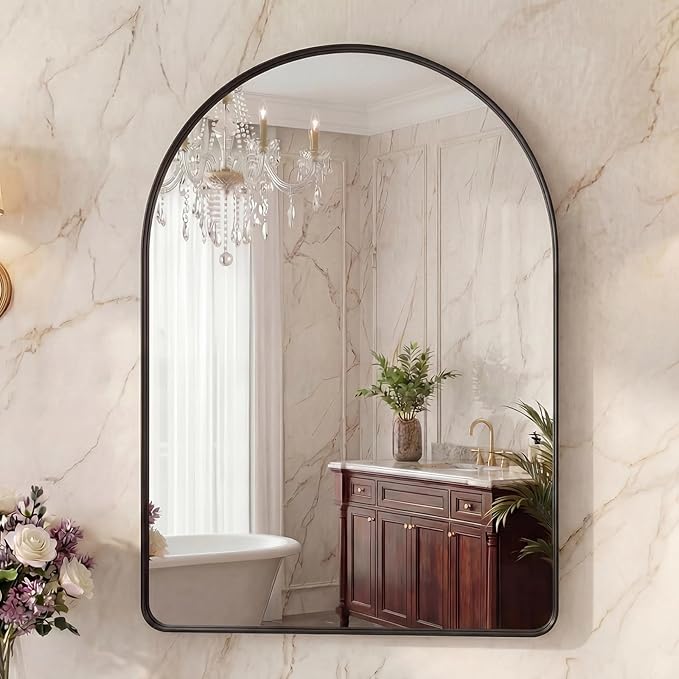 OLIXIS 36x24 Inch Arched Bathroom Wall Mirror, Rounded Rectangle, Black | Modern Wall Mount Vanity Mirror for Over Sink with Matte Metal Deep Framed, for Home Decor, Living Room