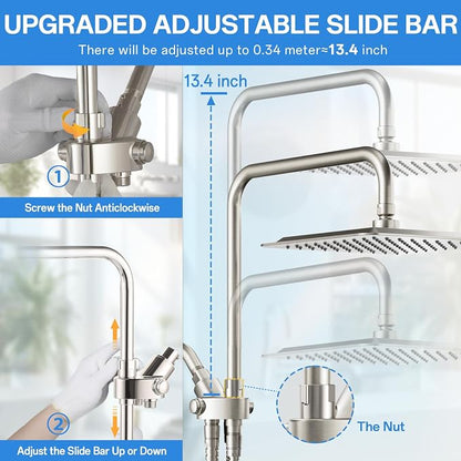 VXV 10 Inch Big Square Rain/Rainfall Shower Head with Adjustable Height, High Pressure 7 Modes Shower Head with Handheld Spray, Brushed Nickel Dual Shower Head Combo with 71" Hose, 360° Rotation (BN)