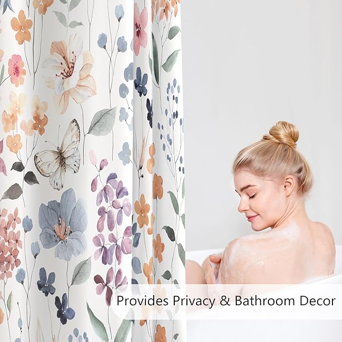 Extra Long Shower Curtain 72 x 84 Inch, Tall Floral Shower Curtain for Bathroom, Colorful Watercolor Wildflower Vintage Rustic Trendy Fabric Shower Curtain Set with Hooks, Ivory