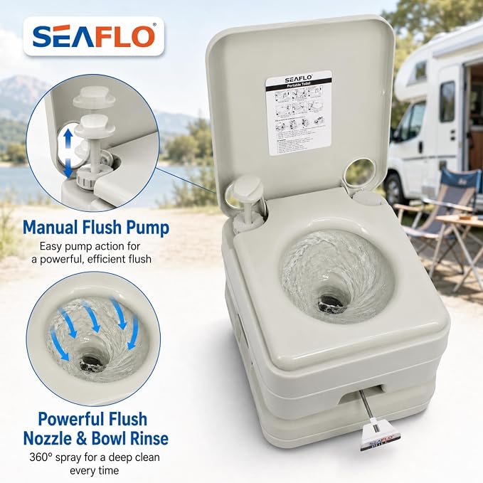 SEAFLO Premium Camping Portable Toilet - 5.8 Gallon Waste 3.43 Gall Fresh Tank (100 Flushes), 440 lbs Max Weight, Level Indicator, Sealed Waste Tank for RV, Boat, Elderly, Off-Grid, 4-Year Warranty
