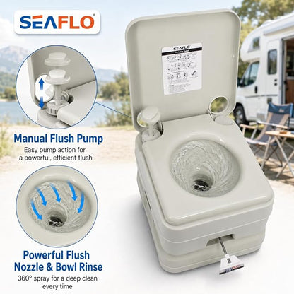 SEAFLO Premium Camping Portable Toilet - 5.8 Gallon Waste 3.43 Gall Fresh Tank (100 Flushes), 440 lbs Max Weight, Level Indicator, Sealed Waste Tank for RV, Boat, Elderly, Off-Grid, 4-Year Warranty