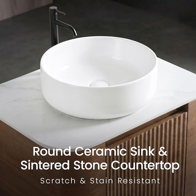 24" Preassembled Floating Bathroom Vanity with Round Sink, Walnut | Mid-Century Modern Style, Fluted & Soft-Close Drawer with U-shaped Wall, Sinterted Stone Countertop, Towel Rack Included