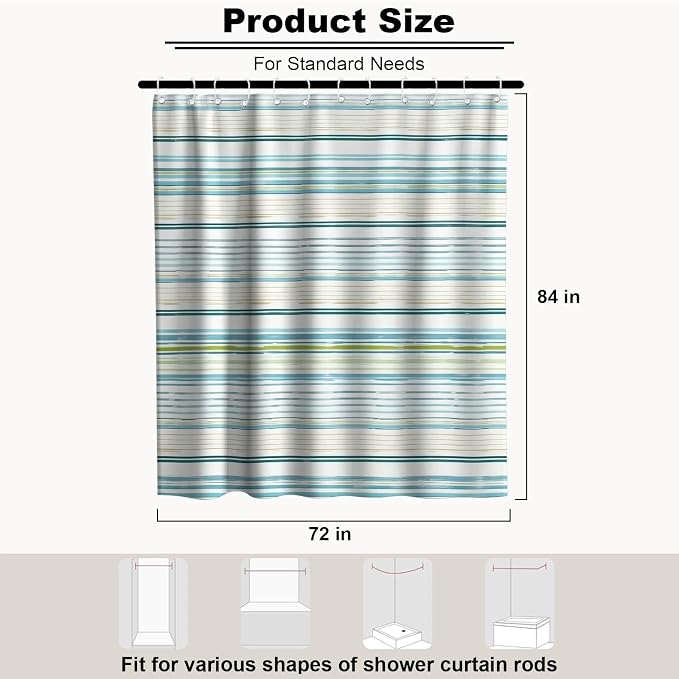 Neutral Modern Striped Shower Curtain Abstract Luxury Aesthetic Ocean | Funky Shower Curtains for Bathroom, Waterproof Bath Curtain with Hooks Machine Washable Bathtub Curtains 72x84 Inch Blue