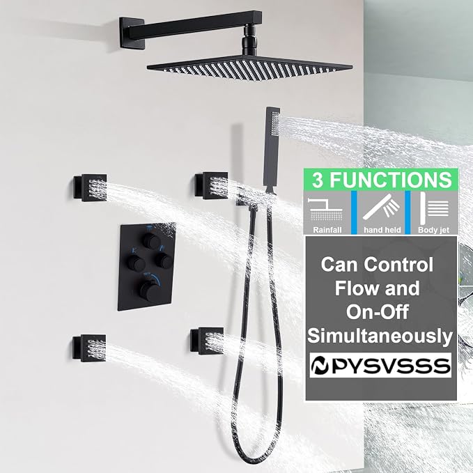 Rain Shower System,12 Inch Wall Mounted Rain Shower Head with Body Jets and Handheld Shower, Push Button Thermostatic Shower Faucet Set, Can Use all Options at a Time, Matte Black