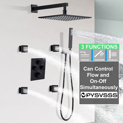 Rain Shower System,12 Inch Wall Mounted Rain Shower Head with Body Jets and Handheld Shower, Push Button Thermostatic Shower Faucet Set, Can Use all Options at a Time, Matte Black