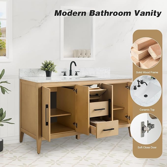 HomeBeyond 60 Inch Bathroom Vanity with Sink & Ceramic Top, Single Vanity Cabinet with Basin, Soft-Closing Doors & Matte Black Hardware, Natural Oak
