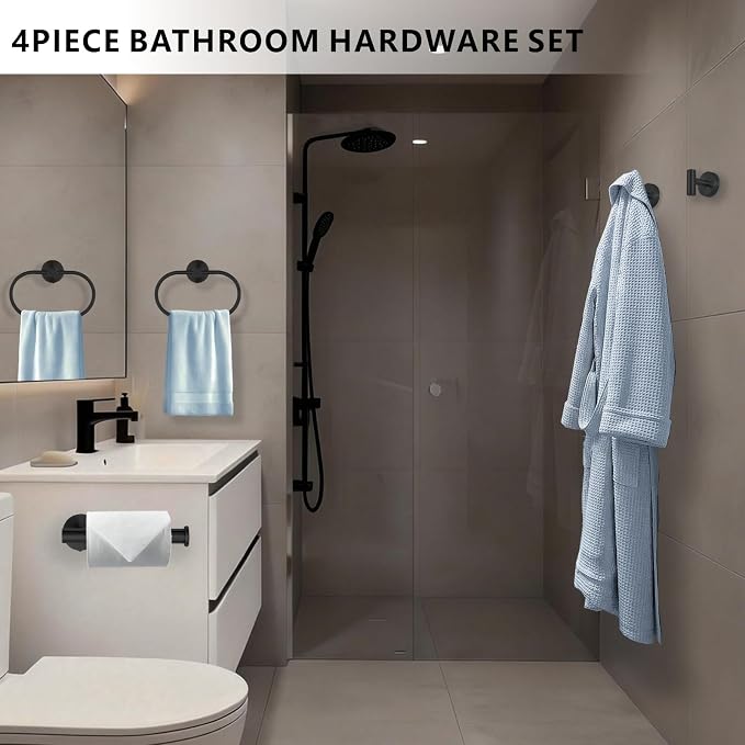 Bathroom Hardware Set Includes Towel Ring, Toilet Paper Holder and 2 Towel Hooks, SUS304 Stainless Steel Modern Wall-Mounted Bathroom Set, Rustproof Bathroom Fitting Set (Black)