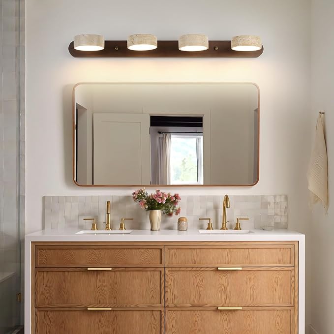 Wood Farmhouse Bathroom Vanity Light,Natural Stone Travertines Walnut Wall Lamp 4 Lights Travertine Shade Wabi Sabi Lamp, Linear Bathroom Vanity Lighting Rotatable 40W LED Wall Fixture Over Mirror