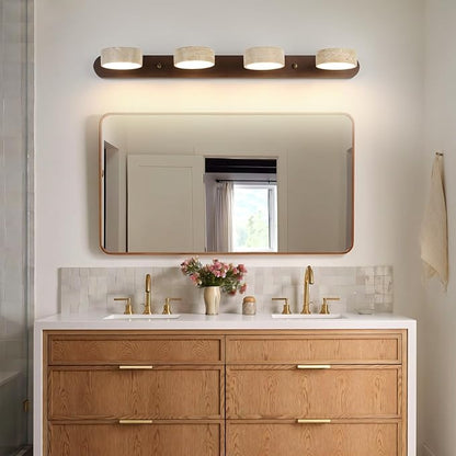 Wood Farmhouse Bathroom Vanity Light,Natural Stone Travertines Walnut Wall Lamp 4 Lights Travertine Shade Wabi Sabi Lamp, Linear Bathroom Vanity Lighting Rotatable 40W LED Wall Fixture Over Mirror