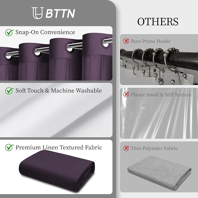 Purple Ringless Linen Textured Shower Curtain with Snap in Liner 72x75 | 3 in 1 Hotel Shower Curtain Set, Removable Liner, Waterproof & Washable, Mesh Top Window, Durable Fabric, Easy to Install