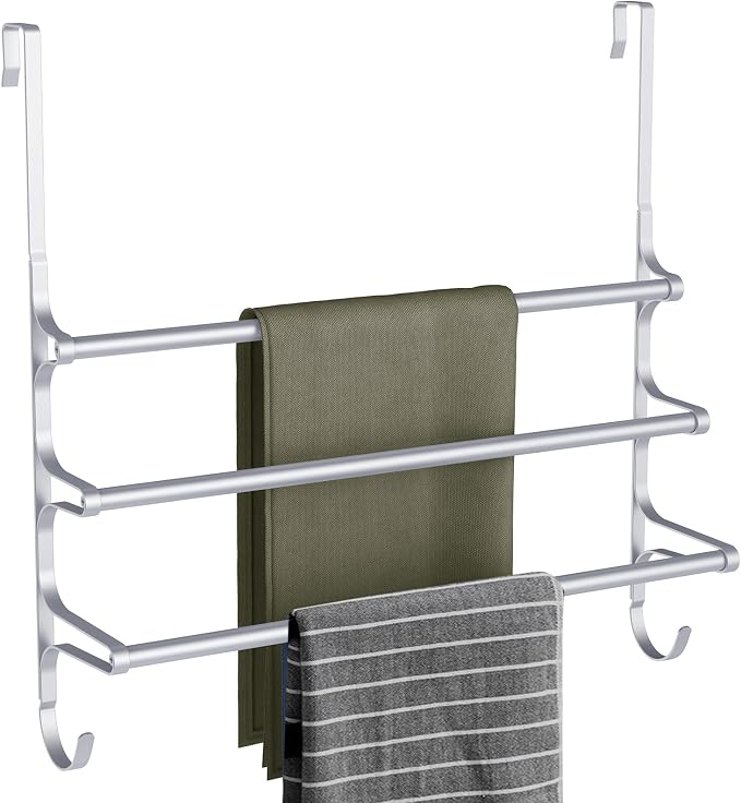 CANYAVE Over The Door Towel Rack, Extendable Triple Towel Storage Holder with Hooks, 24.02 Inches Towel Bar Hanger Towel Racks for Bathroom (Silver)