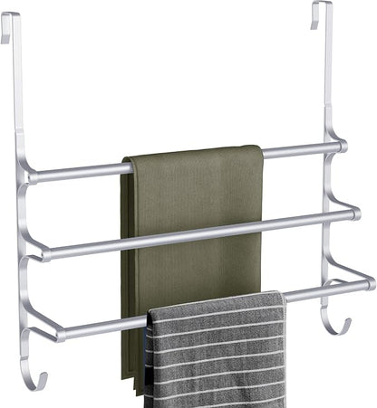 CANYAVE Over The Door Towel Rack, Extendable Triple Towel Storage Holder with Hooks, 24.02 Inches Towel Bar Hanger Towel Racks for Bathroom (Silver)