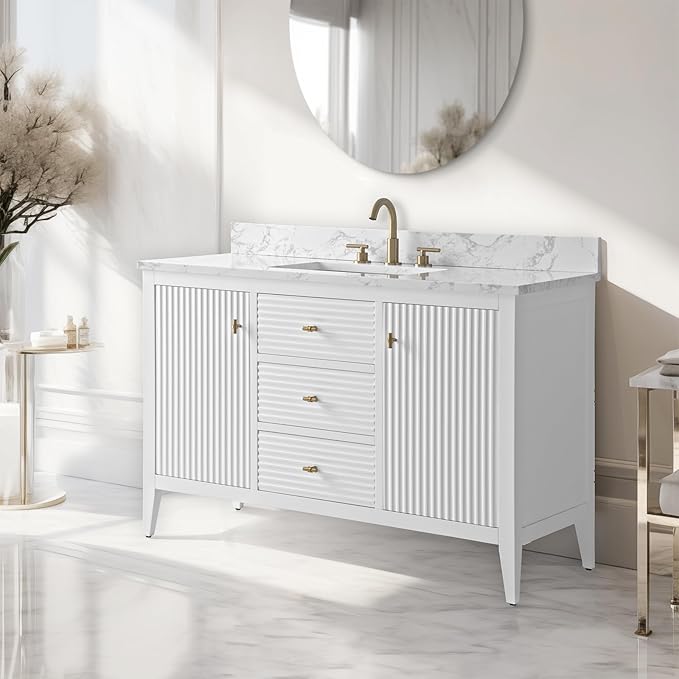 Vanity Art 48 inch Bathroom Vanity with Single Sink & Ceramic Top, Vanity Cabinet with Soft-Closing Door, Solid Wood Frame, Linear Pattern, White, Golden Brushed Handware VA9148-W-GB