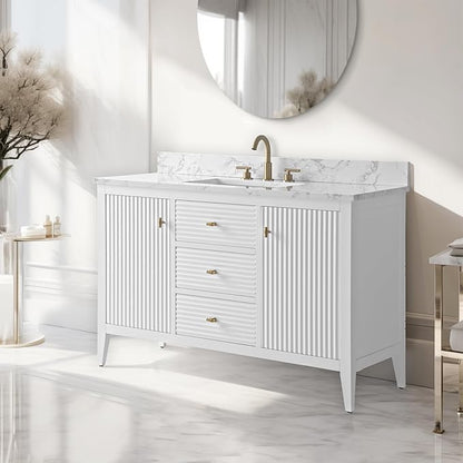Vanity Art 48 inch Bathroom Vanity with Single Sink & Ceramic Top, Vanity Cabinet with Soft-Closing Door, Solid Wood Frame, Linear Pattern, White, Golden Brushed Handware VA9148-W-GB
