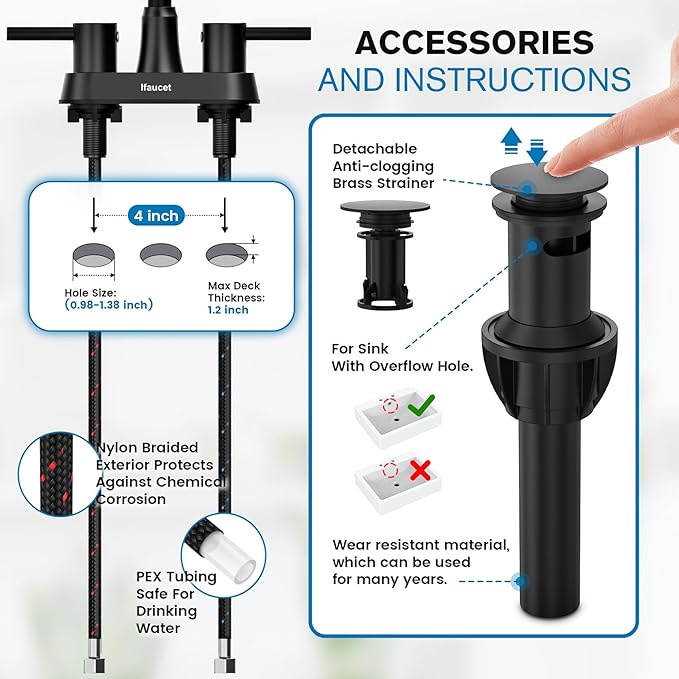 Black Bathroom Faucet 3 Hole, Bathroom Faucets for Sink 3 Hole, Bathroom Sink Faucet, 4 Inch 2 Handle Centerset, Lead-Free, with Copper Pop Up Drain (Matte Black)