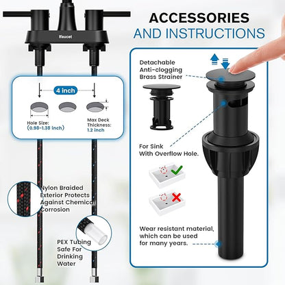 Black Bathroom Faucet 3 Hole, Bathroom Faucets for Sink 3 Hole, Bathroom Sink Faucet, 4 Inch 2 Handle Centerset, Lead-Free, with Copper Pop Up Drain (Matte Black)