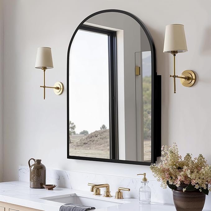 Casaphoria 39" H x 30" W Arched Bathroom Medicine Cabinet with Mirror, Metal Frame Wall Medicine Cabinets Mirrors, Wall Mirror Cabinet, Black A