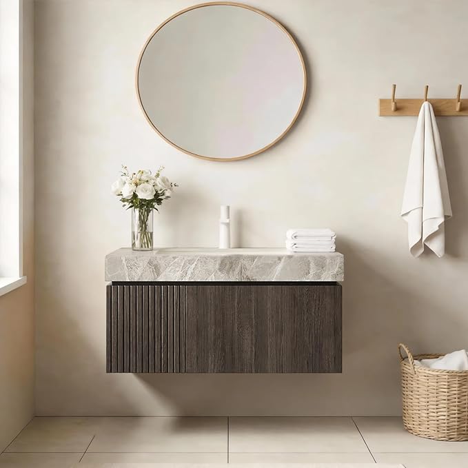 Ambrovina 36" Floating Bathroom Vanity with Sink, Modern Plywood Bathroom Storage Cabinet with Drawer and Door, Light Gray Sintered Stone Top and White Ceramic Basin, Pre-Assembled, Espresso Woodgrain