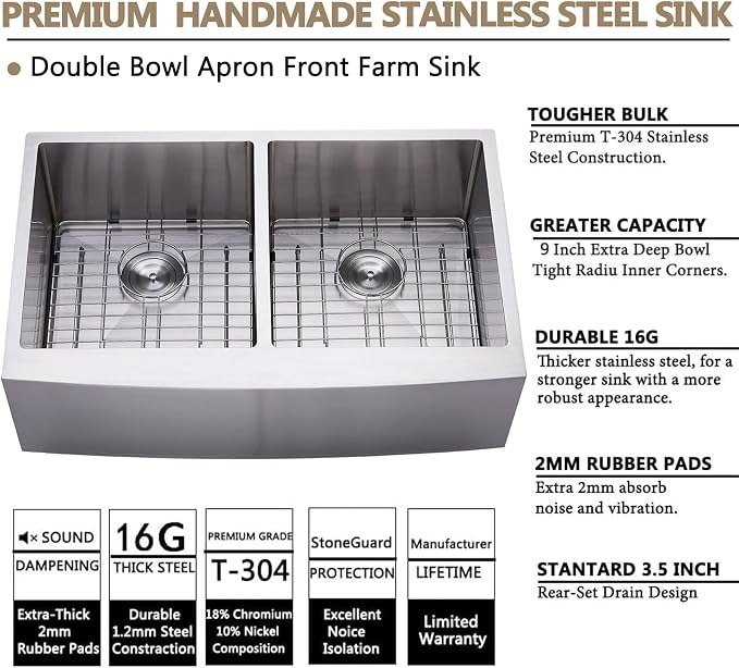 33 Inch Double Bowl Divided 50/50 Farmhouse Sink, 33x21 Stainless Steel Undermount Apron Front Farm Kitchen Sink