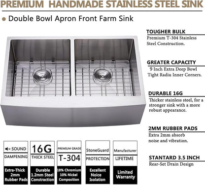 33 Inch Double Bowl Divided 50/50 Farmhouse Sink, 33x21 Stainless Steel Undermount Apron Front Farm Kitchen Sink