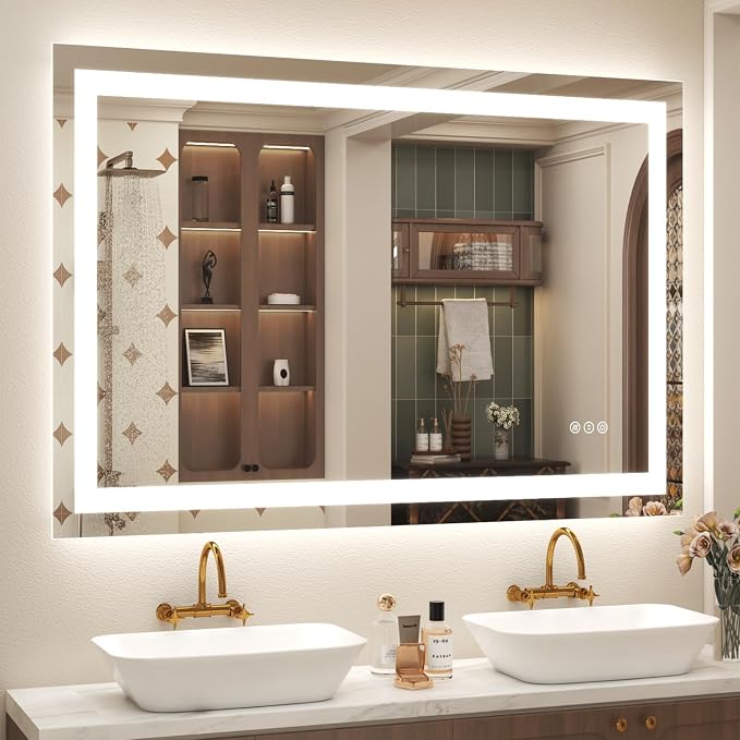 48x30 LED Lighted Bathroom Mirror for Vanity Wall | Front Light and Backlit, Anti-Fog, Memory, 3 Color, Tempered Glass, Dimmable, Rectangular, UL, Horizontal/ Vertical Mounted