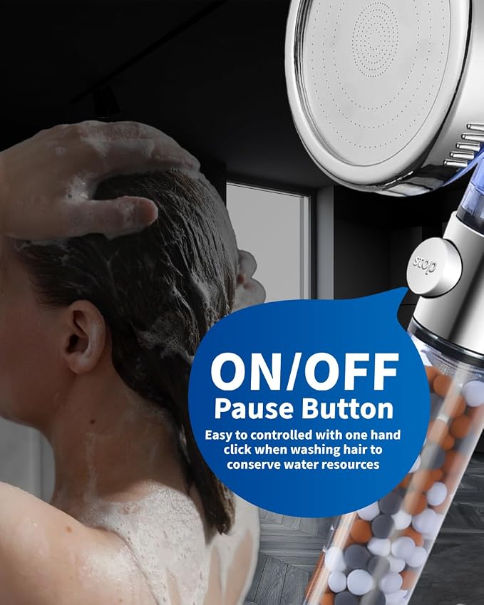 Filtered Shower Head for Hard Water with Stop, High Pressure | 4-Mode, Built-in Power Spray to Clean Corner, Tub & Pets, Water Softener Handheld Shower to Remove Chlorine & Fluoride