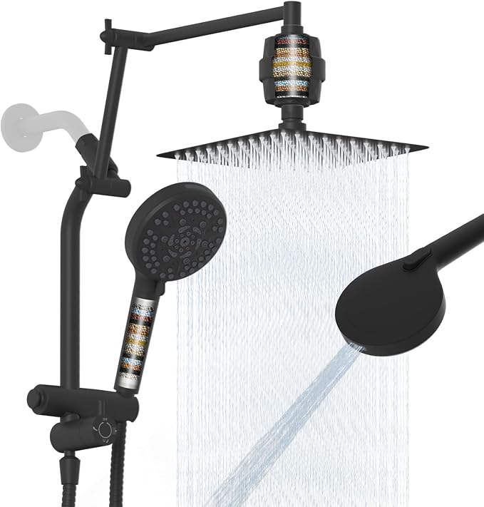 10" Metal Rain Filtered Shower Head with Handheld, 10 Modes, Easy Reach | Black, High-Pressure Rainfall Showerhead, 4-Way Diverter Pause Mode, Adjustable 16" Extension Arm, 20-Stage Shower Filter