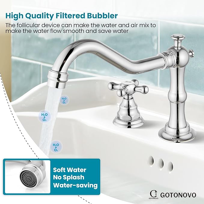 gotonovo Bathroom Faucet 3 Hole 8 Inch Widespread Bathroom Sink Faucet 2 Cross Handles Vintage Lavatory Vanity Mixer Tap with Pop Up Drain, HOT Cold Label, Polish Chrome