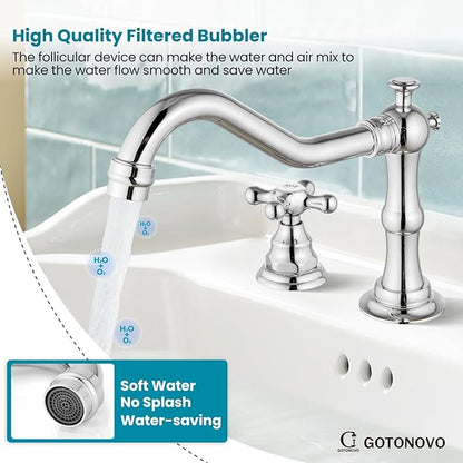 gotonovo Bathroom Faucet 3 Hole 8 Inch Widespread Bathroom Sink Faucet 2 Cross Handles Vintage Lavatory Vanity Mixer Tap with Pop Up Drain, HOT Cold Label, Polish Chrome