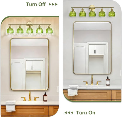 Vintage Bathroom Light Fixtures,5-Light Hardwired Vanity Lights with Green Tulip Glass Shade,Gold Bathroom Vanity Light for Mirror Restroom,E26 Socket,33.46 in(Bulbs Not Included)